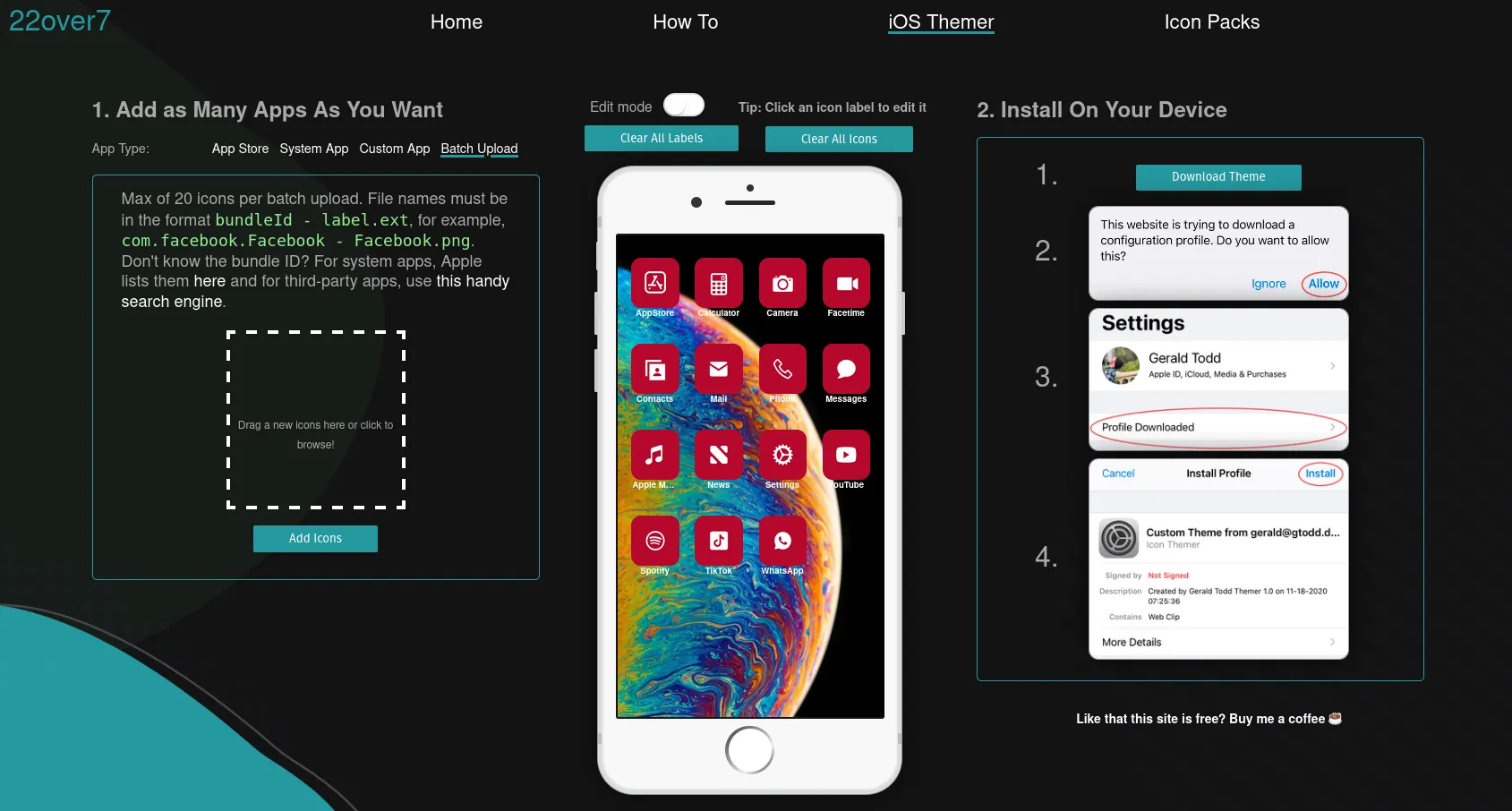 The iOS Themer web app: an icon editor, a live phone preview and the steps to install the theme