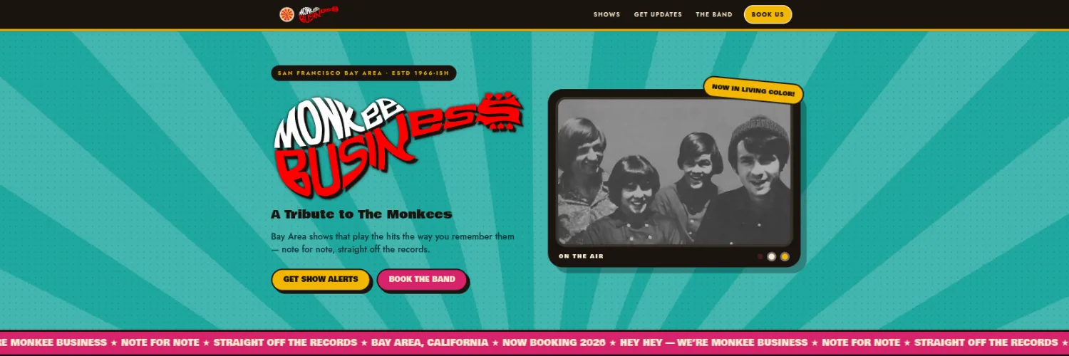 The Monkee Business homepage: a teal sunburst, a hand-lettered logo and a vintage TV showing the band